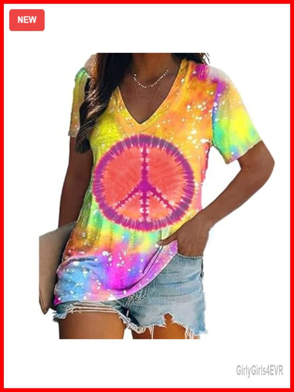 Women Hippie Tie Dye V-Neck Short Sleeve T-Shirt Peace Love Retro Top